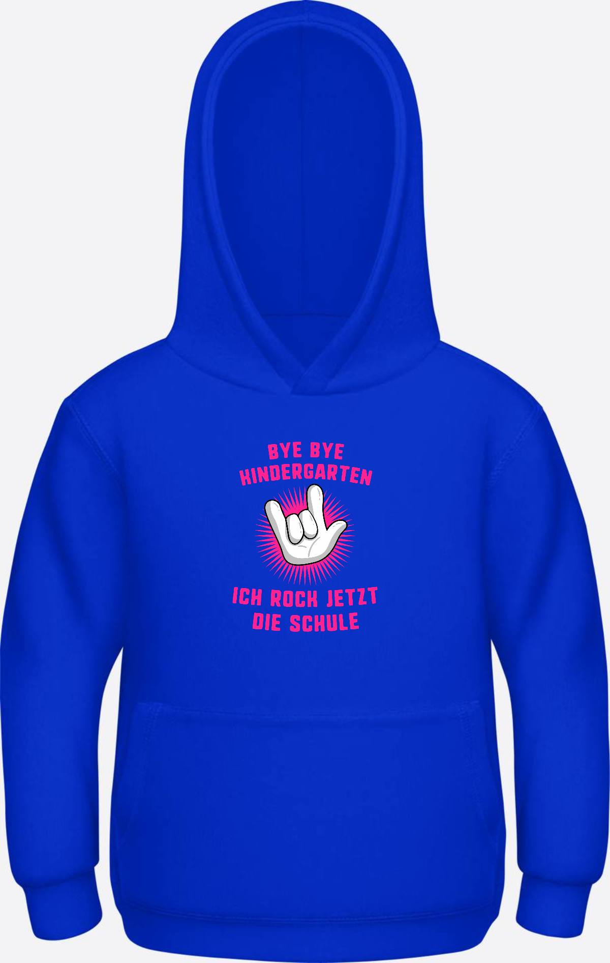 Einschulung Hoodie: Bye Bye Kindergarten ich rock die Schule - Bright Royal Herzseite