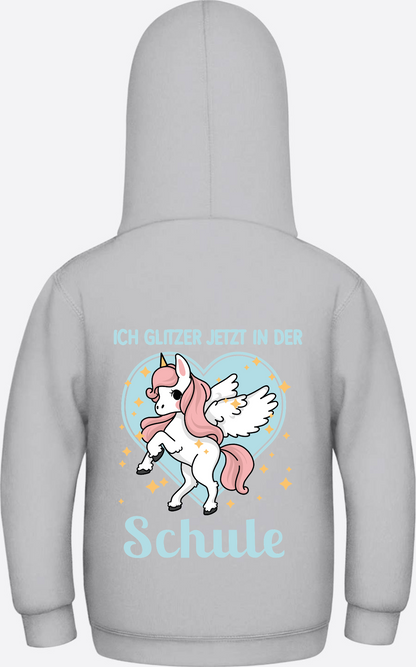 Einschulung Hoodie Einhorn – Ich glitzer jetzt in der Schule - Heather Grey