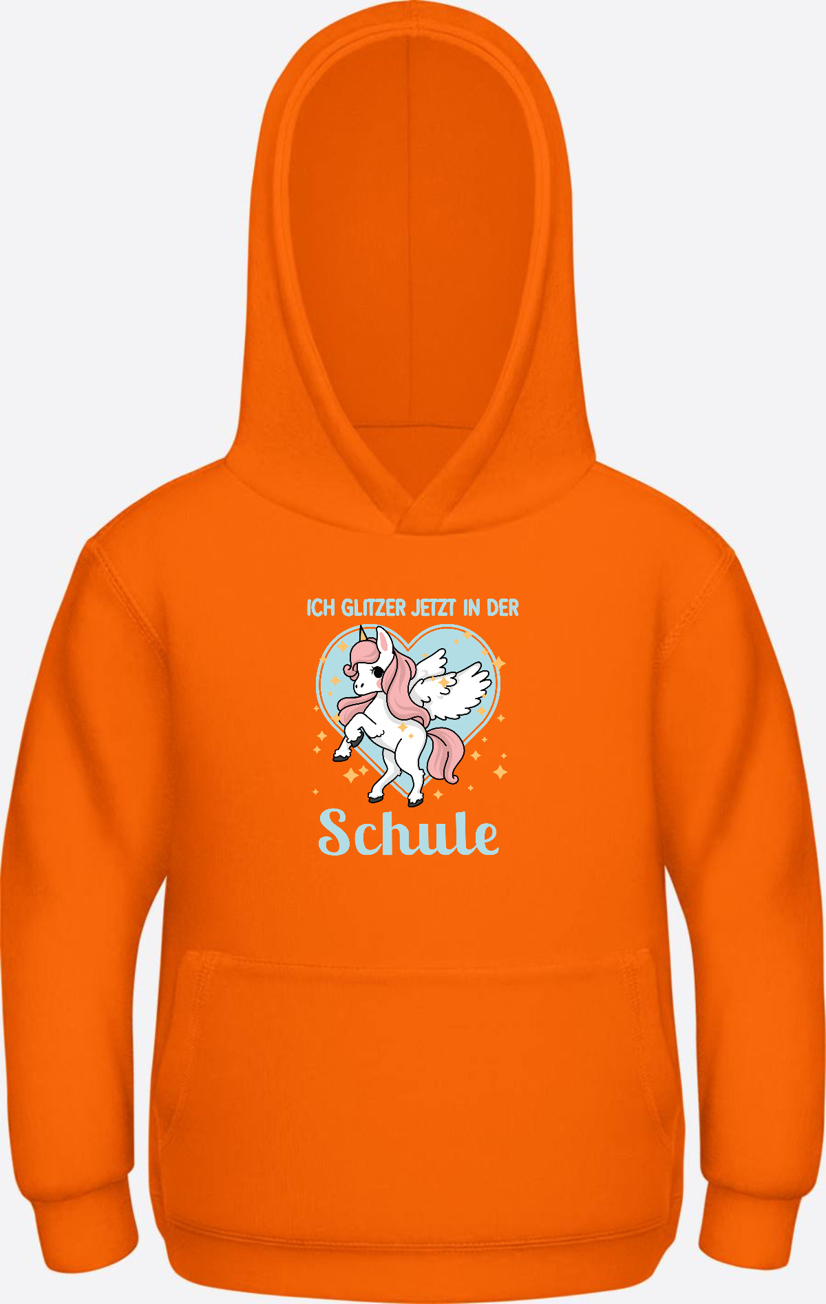 Einschulung Hoodie Einhorn – Ich glitzer jetzt in der Schule - Orange Crush Herzseite