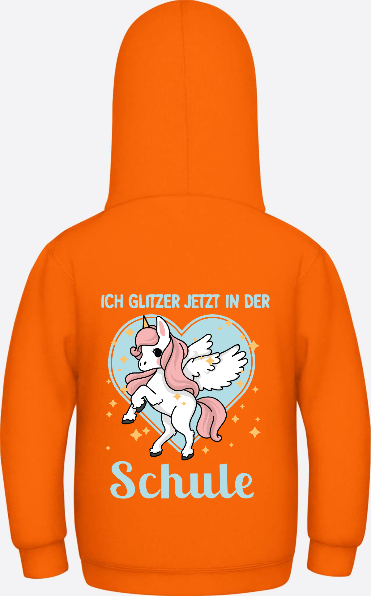Einschulung Hoodie Einhorn – Ich glitzer jetzt in der Schule - Orange Crush