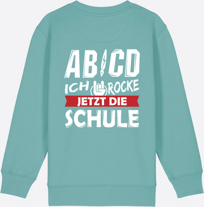 Einschulung Sweatshirt: ABCD Ich rocke die Schule - Teal Monstera