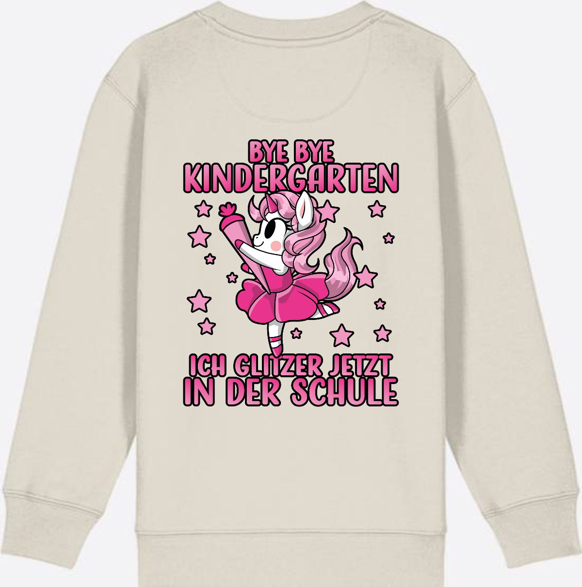 Einschulung Sweatshirt Einhorn: Bye Bye Kindergarten Glitzer Pink - Eco Heather