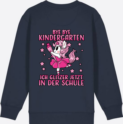 Einschulung Sweatshirt Einhorn: Bye Bye Kindergarten Glitzer Pink - French Navy