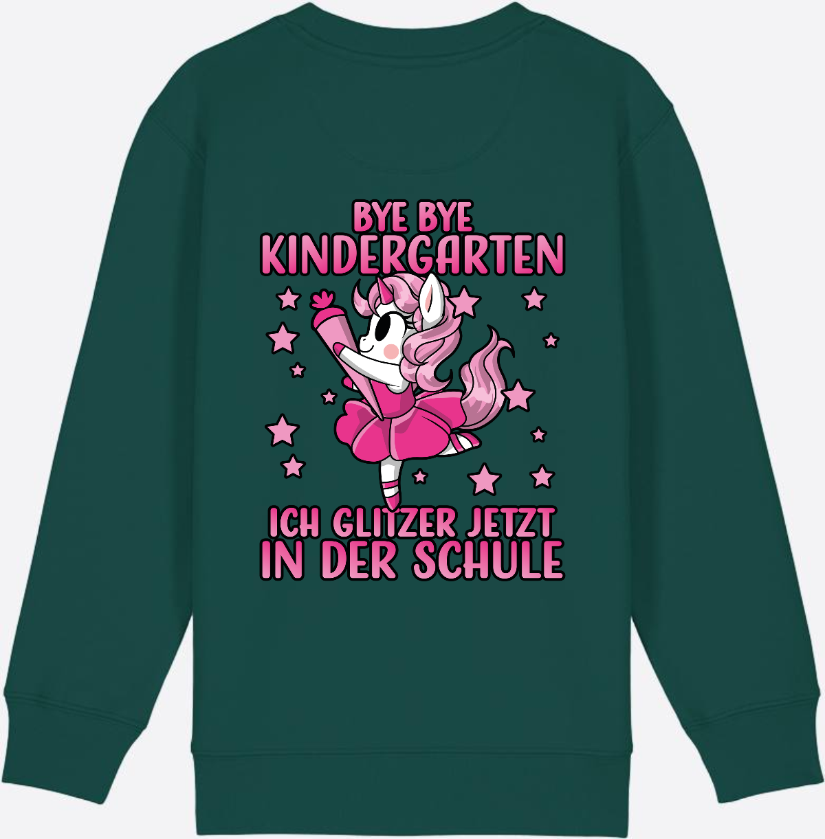 Einschulung Sweatshirt Einhorn: Bye Bye Kindergarten Glitzer Pink - Glazed Green