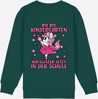 Einschulung Sweatshirt Einhorn: Bye Bye Kindergarten Glitzer Pink - Glazed Green