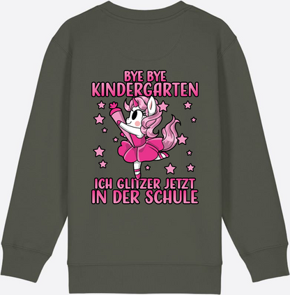 Einschulung Sweatshirt Einhorn: Bye Bye Kindergarten Glitzer Pink - Khaki