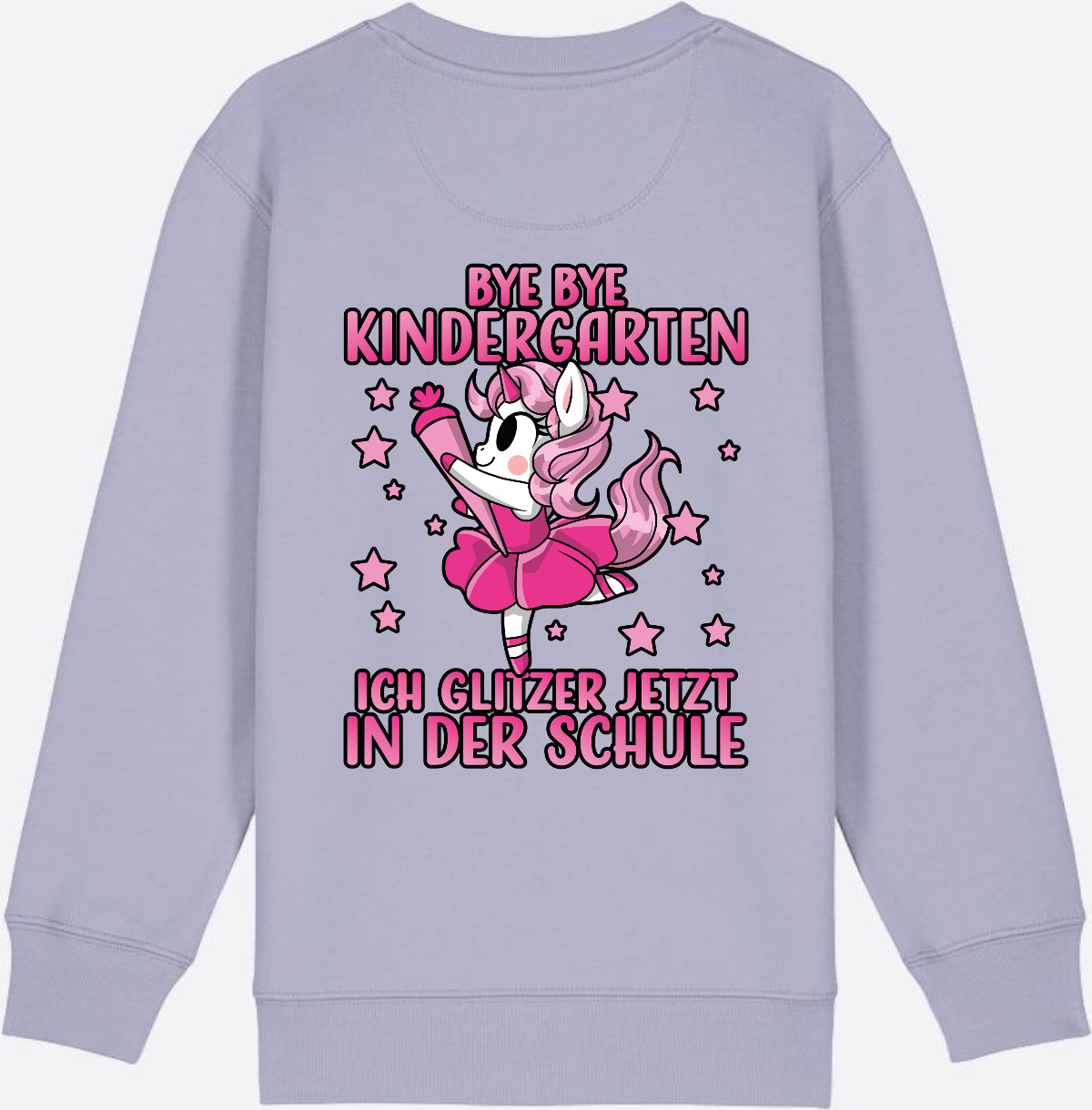 Einschulung Sweatshirt Einhorn: Bye Bye Kindergarten Glitzer Pink - Lavender