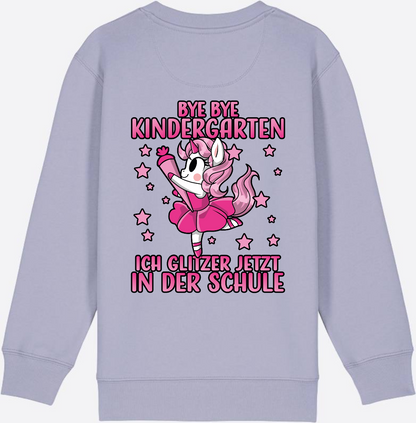 Einschulung Sweatshirt Einhorn: Bye Bye Kindergarten Glitzer Pink - Lavender