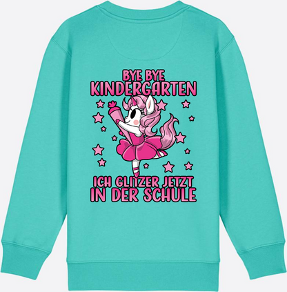 Einschulung Sweatshirt Einhorn: Bye Bye Kindergarten Glitzer Pink - Pool Blue
