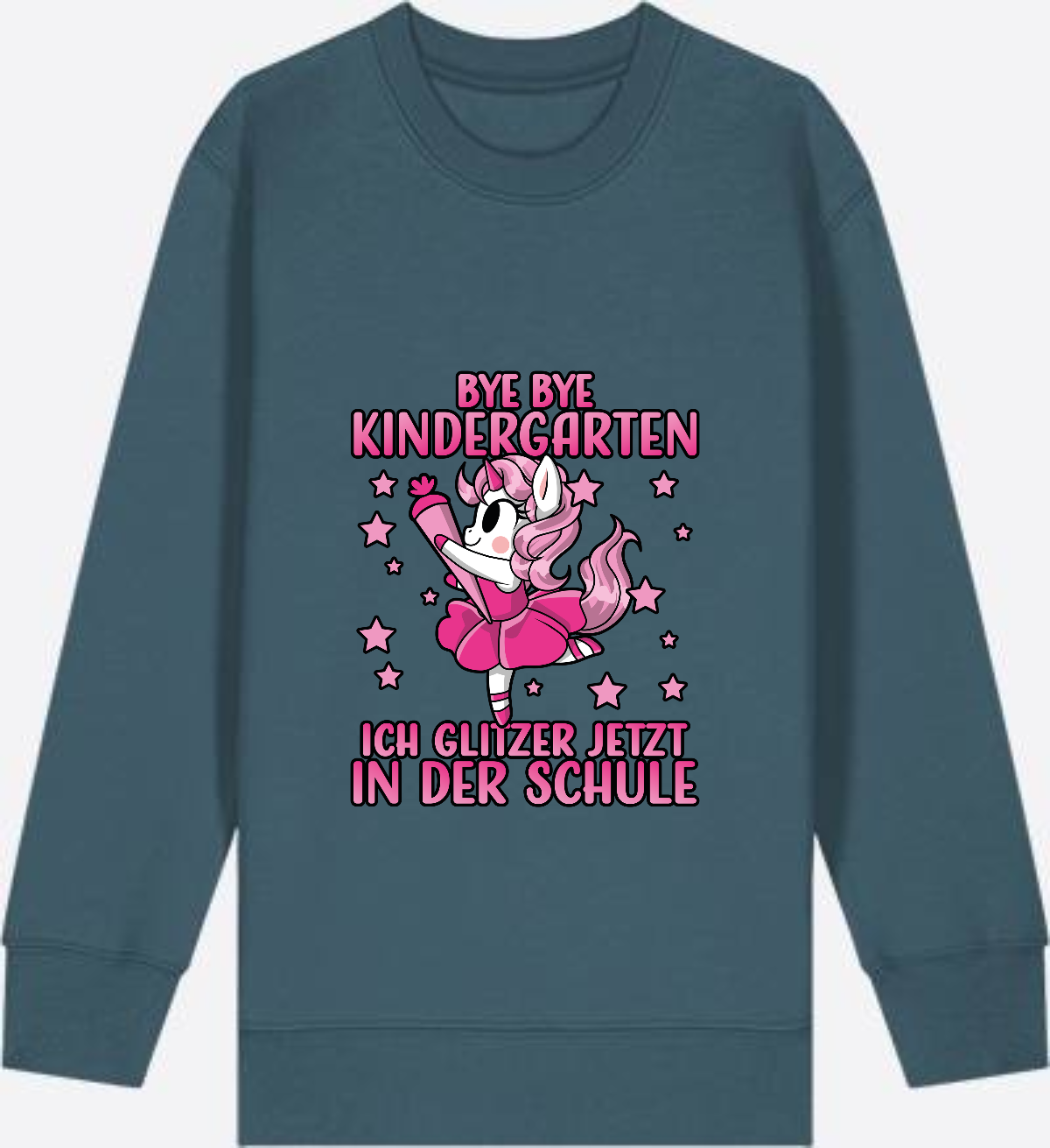 Einschulung Sweatshirt Einhorn: Bye Bye Kindergarten Glitzer Pink - Stargazer Herzseite
