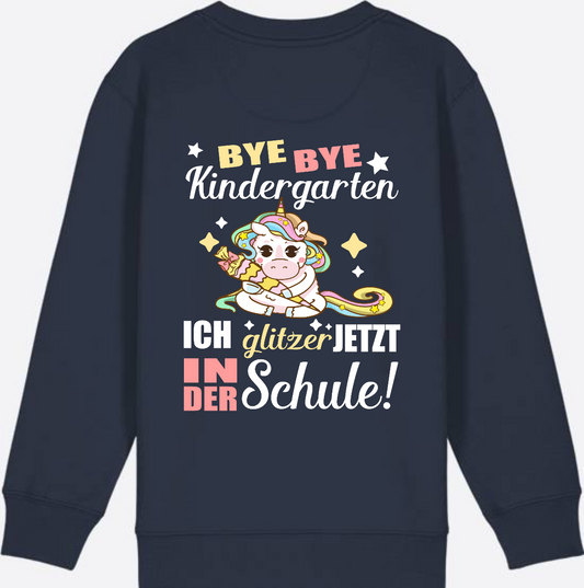 Einschulung Sweatshirt Einhorn – Bye Bye Kindergarten mit Name - French Navy