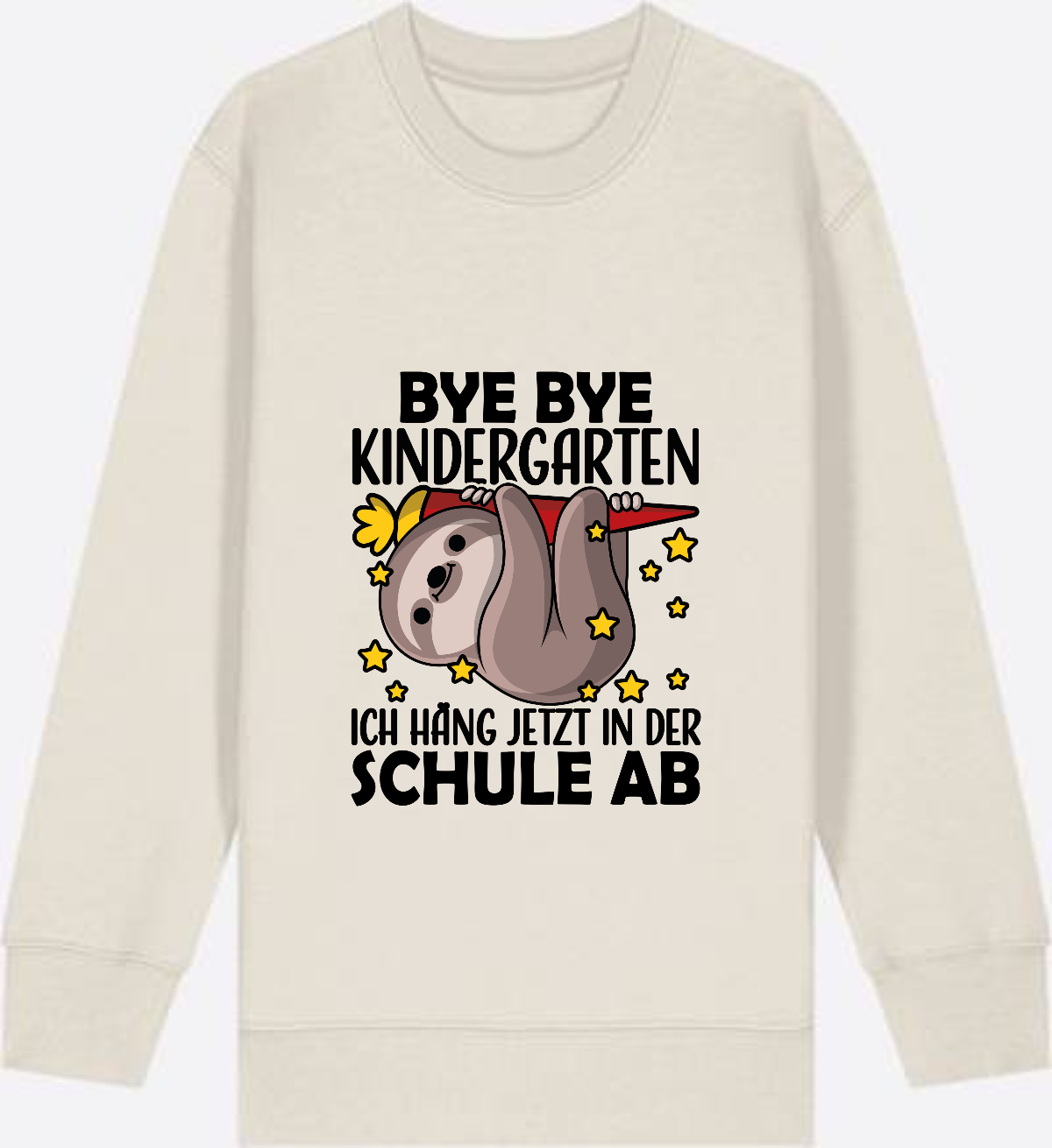 Einschulung Sweatshirt Faultier – Bye Bye Kindergarten - Eco Heather Herzseite