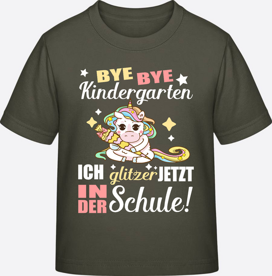 Einschulung T-Shirt Einhorn – Bye Bye Kindergarten mit Name - Khaki