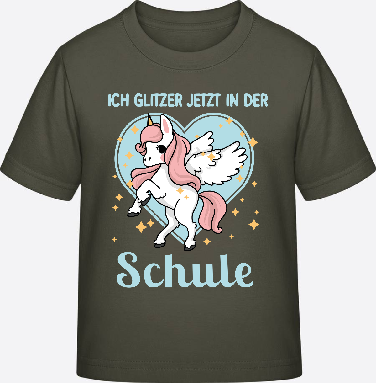 Einschulung T-Shirt Einhorn – Ich glitzer jetzt in der Schule - Khaki