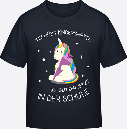 Einschulung T-Shirt Einhorn – Tschüss Kindergarten mit Name - Navy