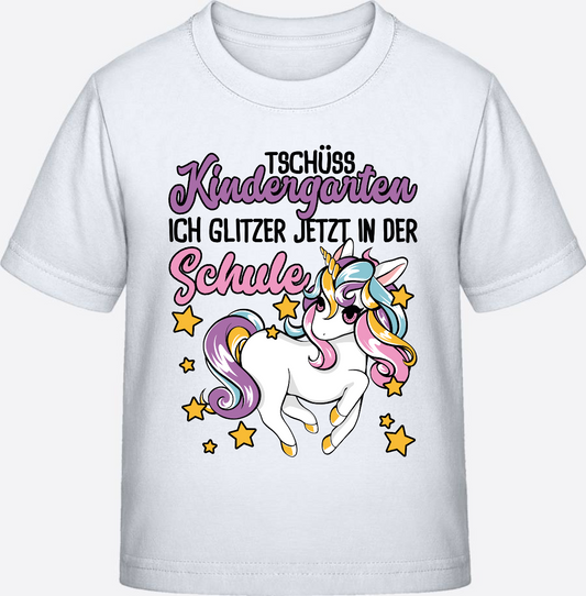 Einschulung T-Shirt Einhorn – Tschüss Kindergarten mit Name - White