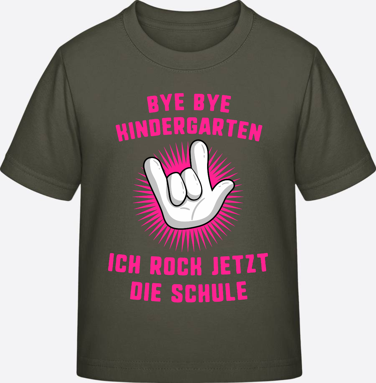 Einschulung T-Shirt "Ich rock die Schule" Fuchsia mit Name - Khaki