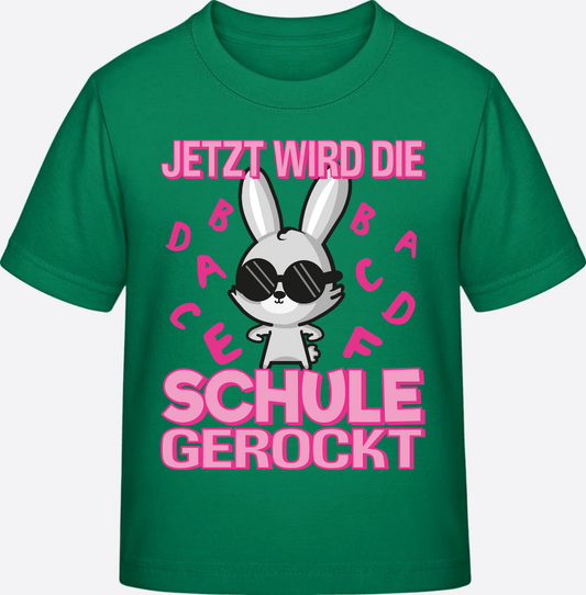Einschulung T-Shirt – Jetzt wird die Schule gerockt Hase - Kelly Green
