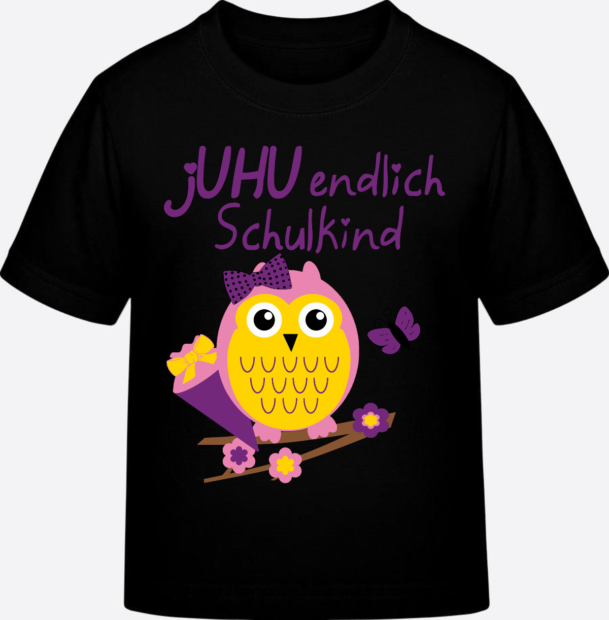 Einschulung T-Shirt: Juhu endlich Schulkind Eule mit Name - Black