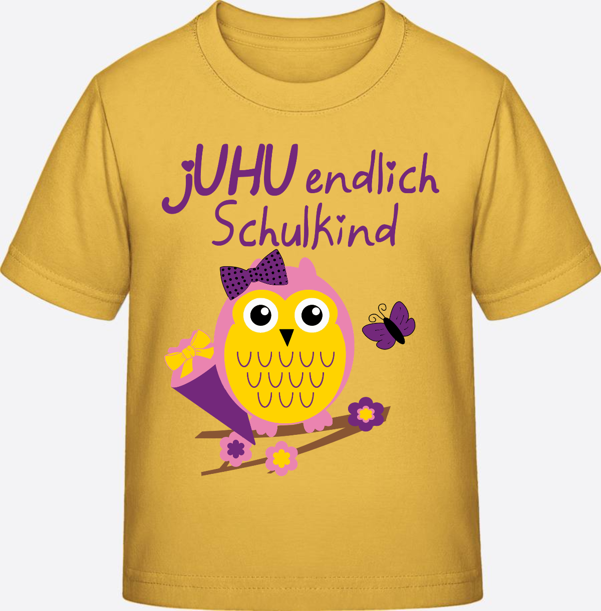 Einschulung T-Shirt: Juhu endlich Schulkind Eule mit Name - Gold