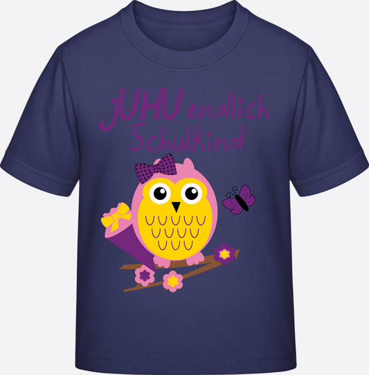 Einschulung T-Shirt: Juhu endlich Schulkind Eule mit Name - Indigo