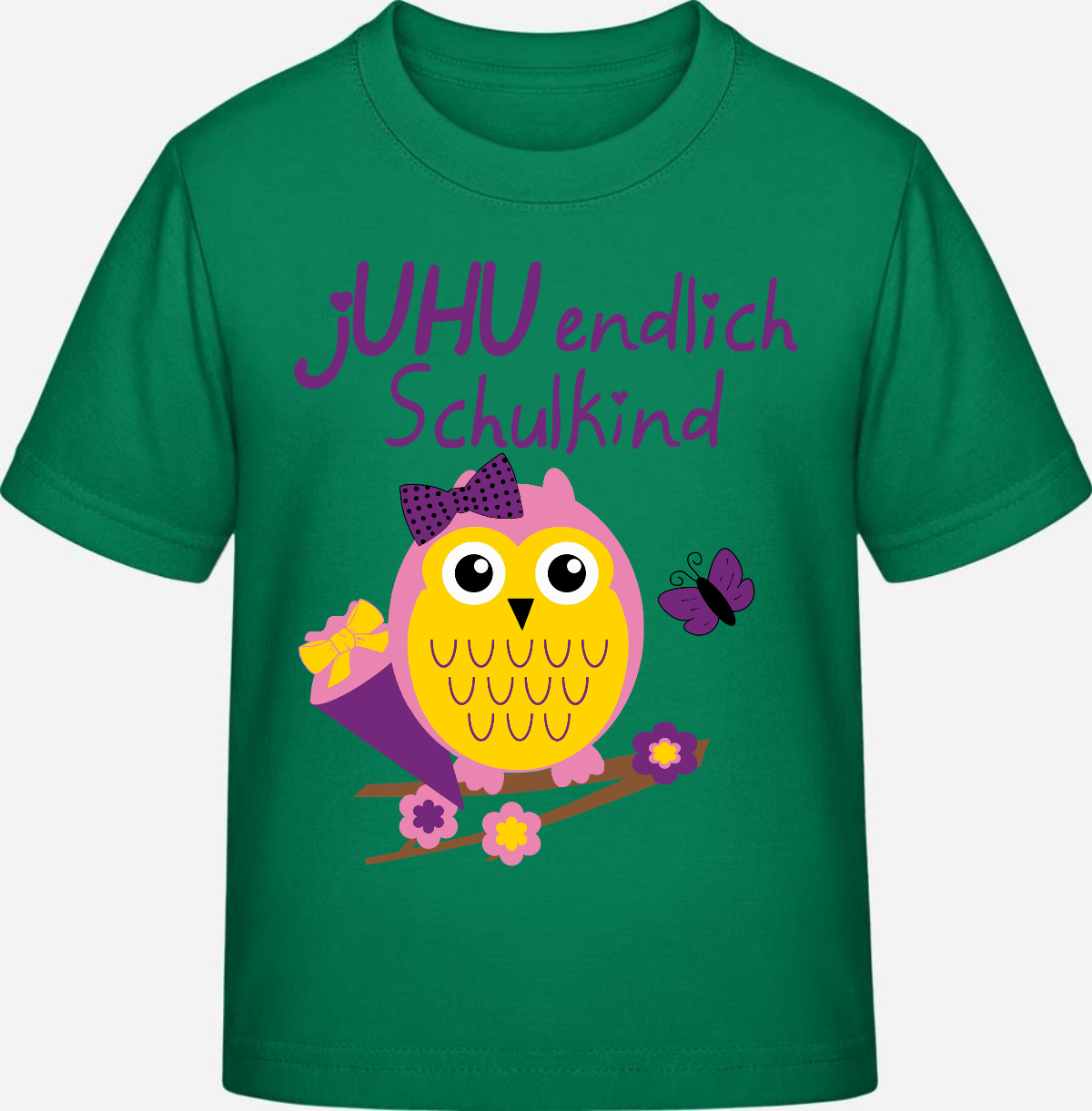 Einschulung T-Shirt: Juhu endlich Schulkind Eule mit Name - Kelly Green
