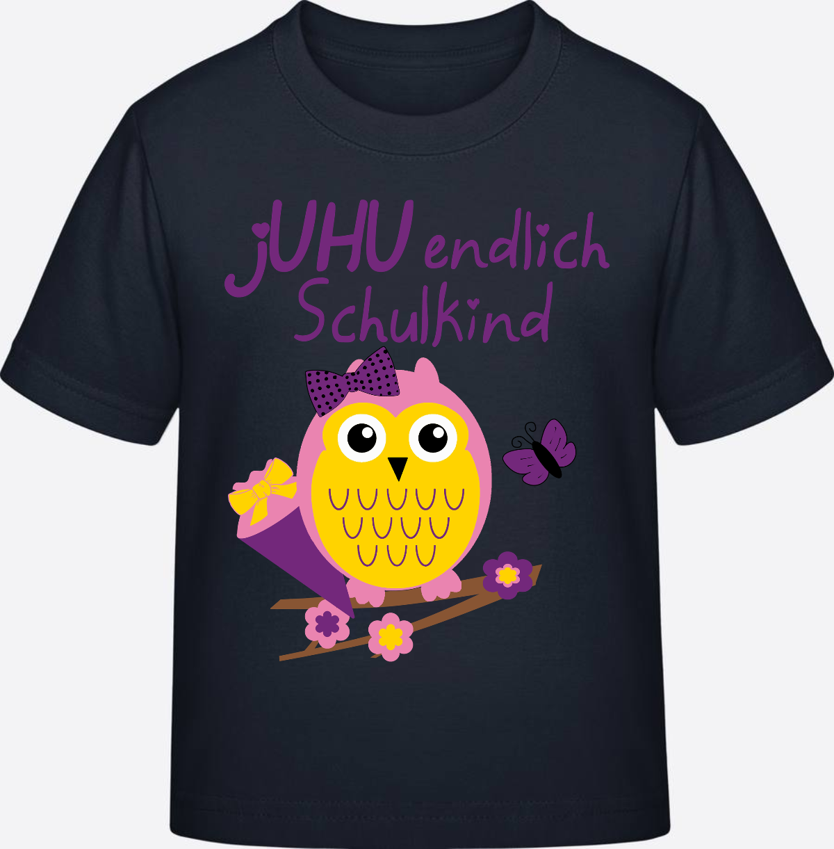 Einschulung T-Shirt: Juhu endlich Schulkind Eule mit Name - Navy