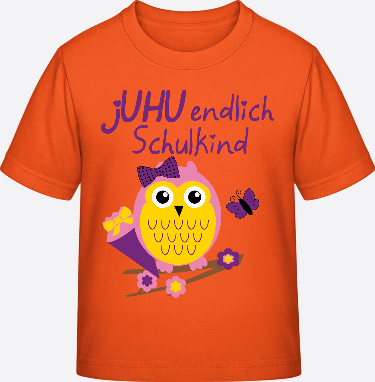 Einschulung T-Shirt: Juhu endlich Schulkind Eule mit Name - Orange