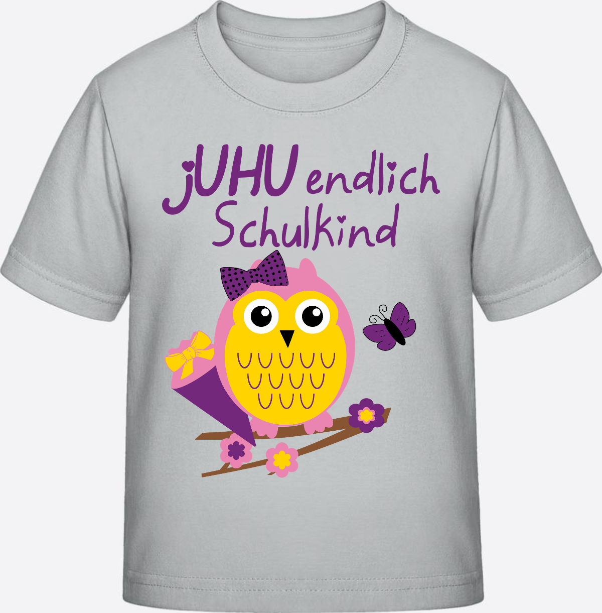 Einschulung T-Shirt: Juhu endlich Schulkind Eule mit Name - Pacific Grey
