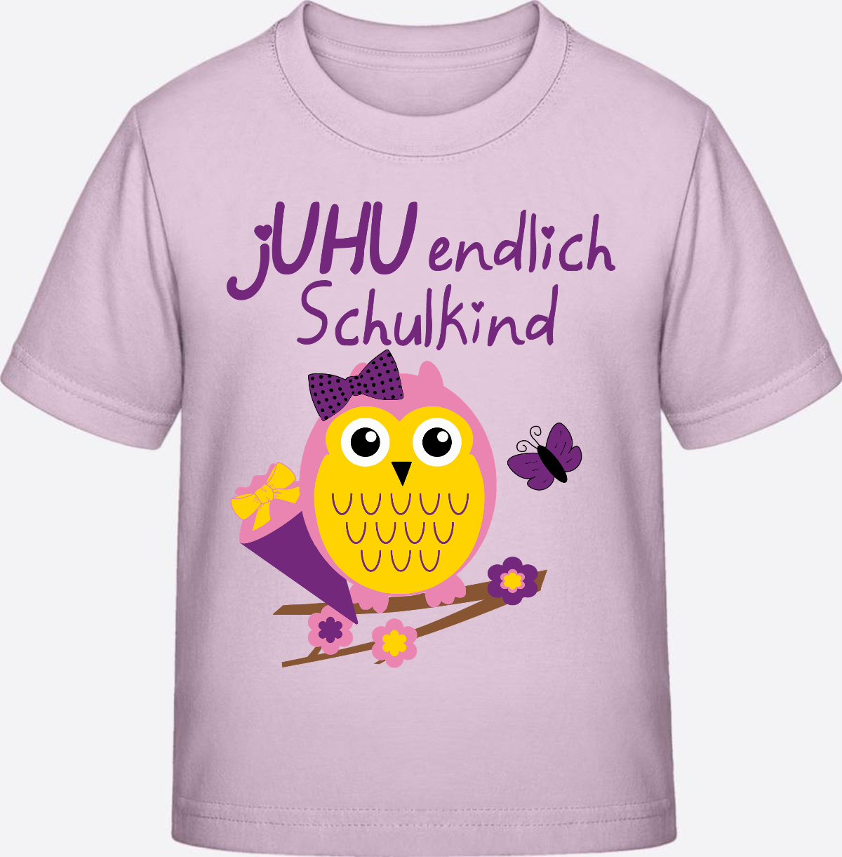Einschulung T-Shirt: Juhu endlich Schulkind Eule mit Name - Pink Sixties