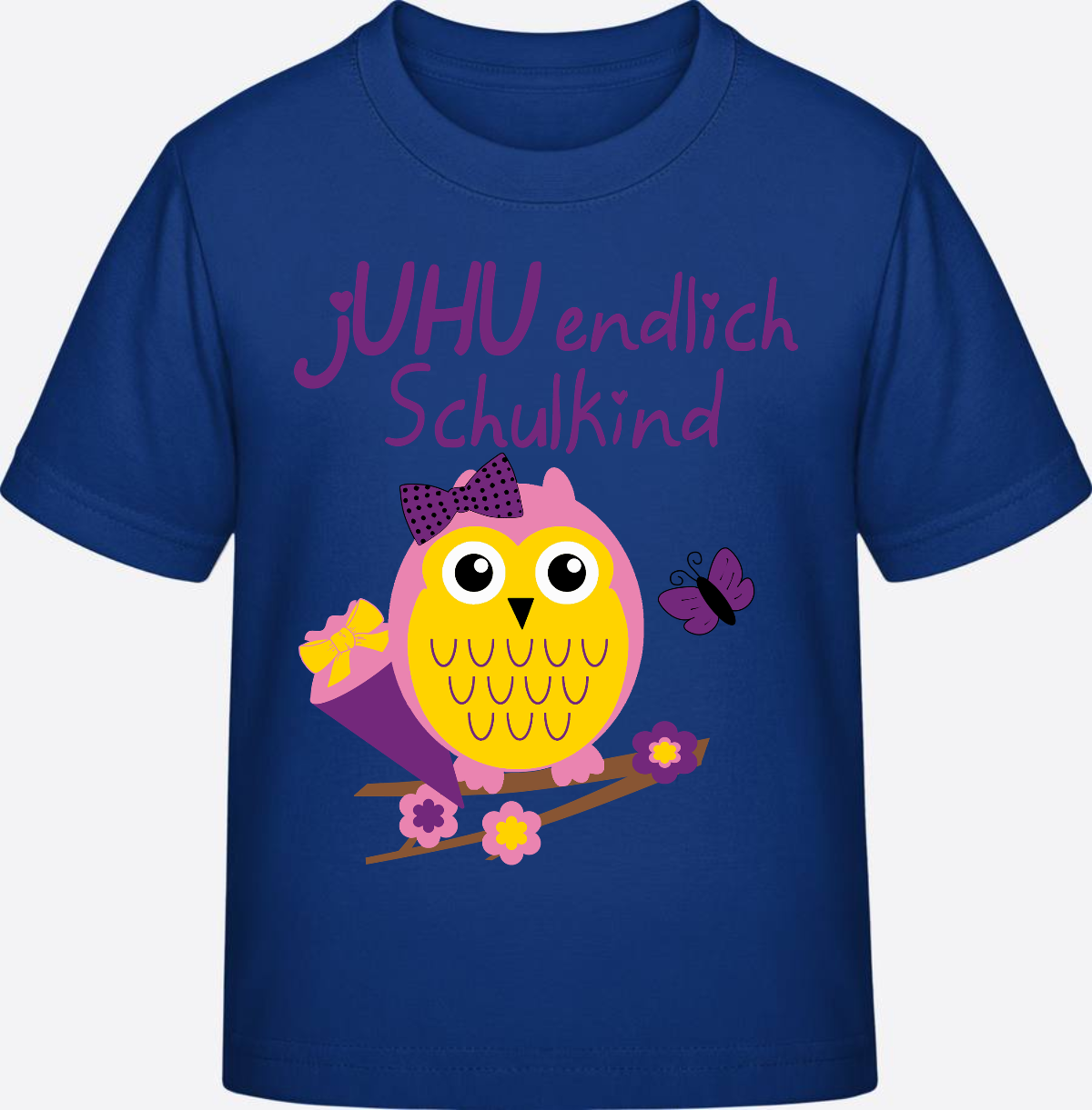 Einschulung T-Shirt: Juhu endlich Schulkind Eule mit Name - Royal