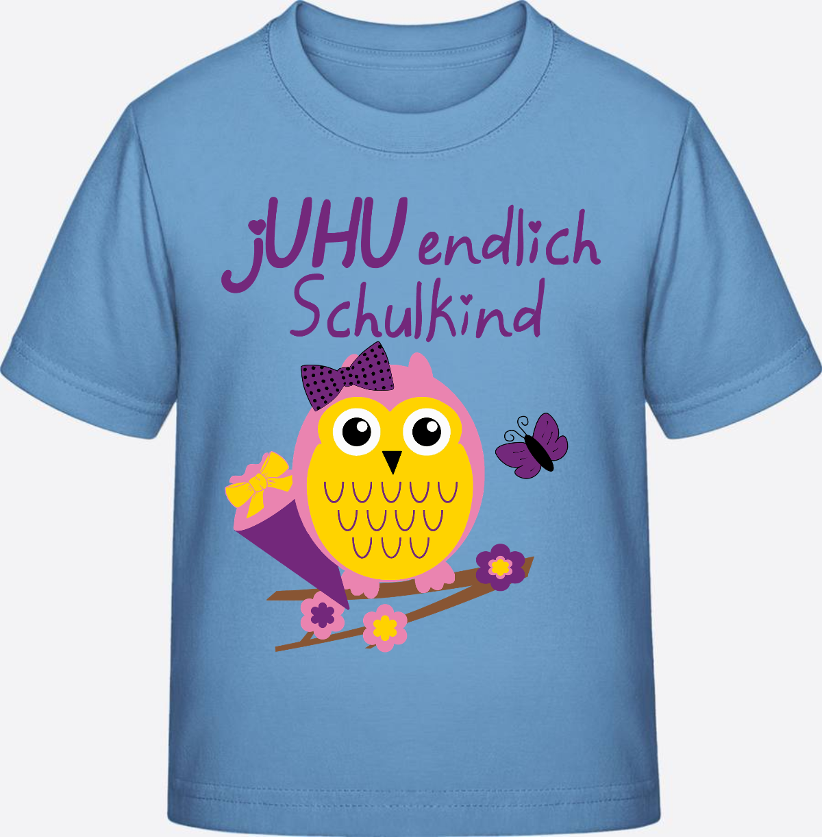 Einschulung T-Shirt: Juhu endlich Schulkind Eule mit Name - Sky Blue