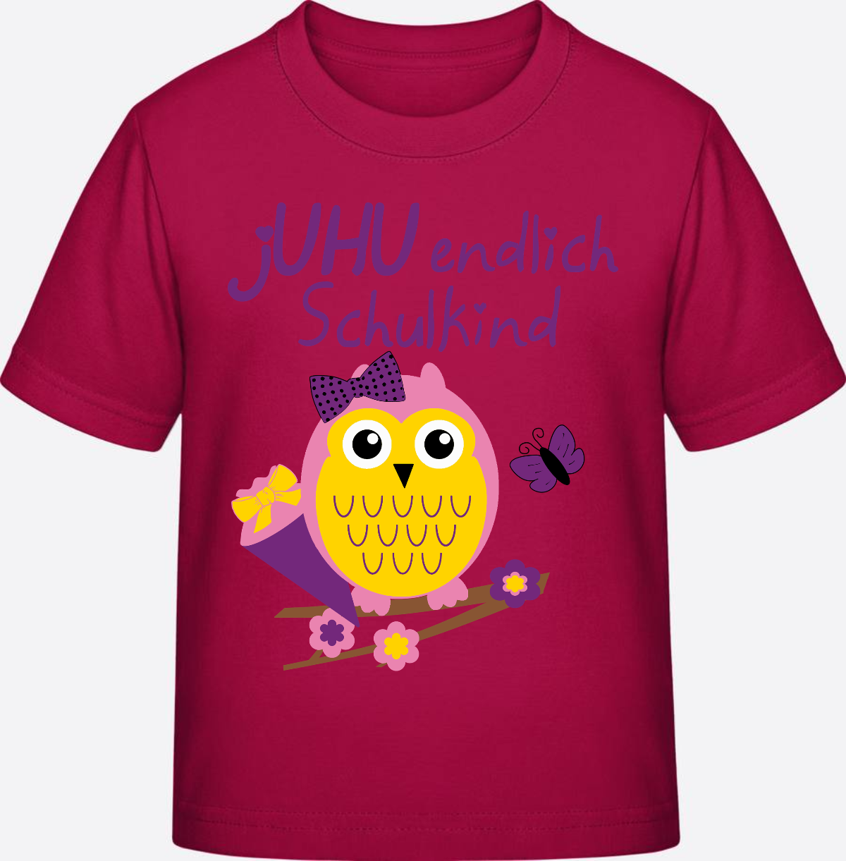 Einschulung T-Shirt: Juhu endlich Schulkind Eule mit Name - Sorbet