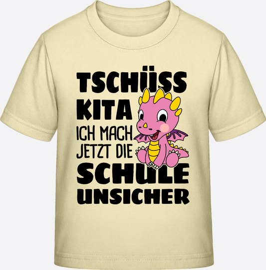 Einschulung T-Shirt Mädchen: Tschüss Kita – Rosa Drache - Butter