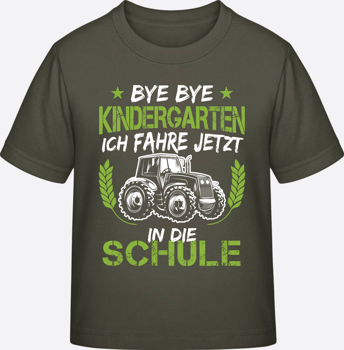 Einschulung T-Shirt Traktor – Bye Bye Kindergarten - Khaki