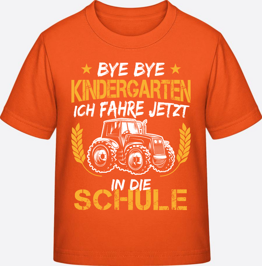 Einschulung T-Shirt Traktor – Bye Bye Kindergarten Weiß/Orange - Orange