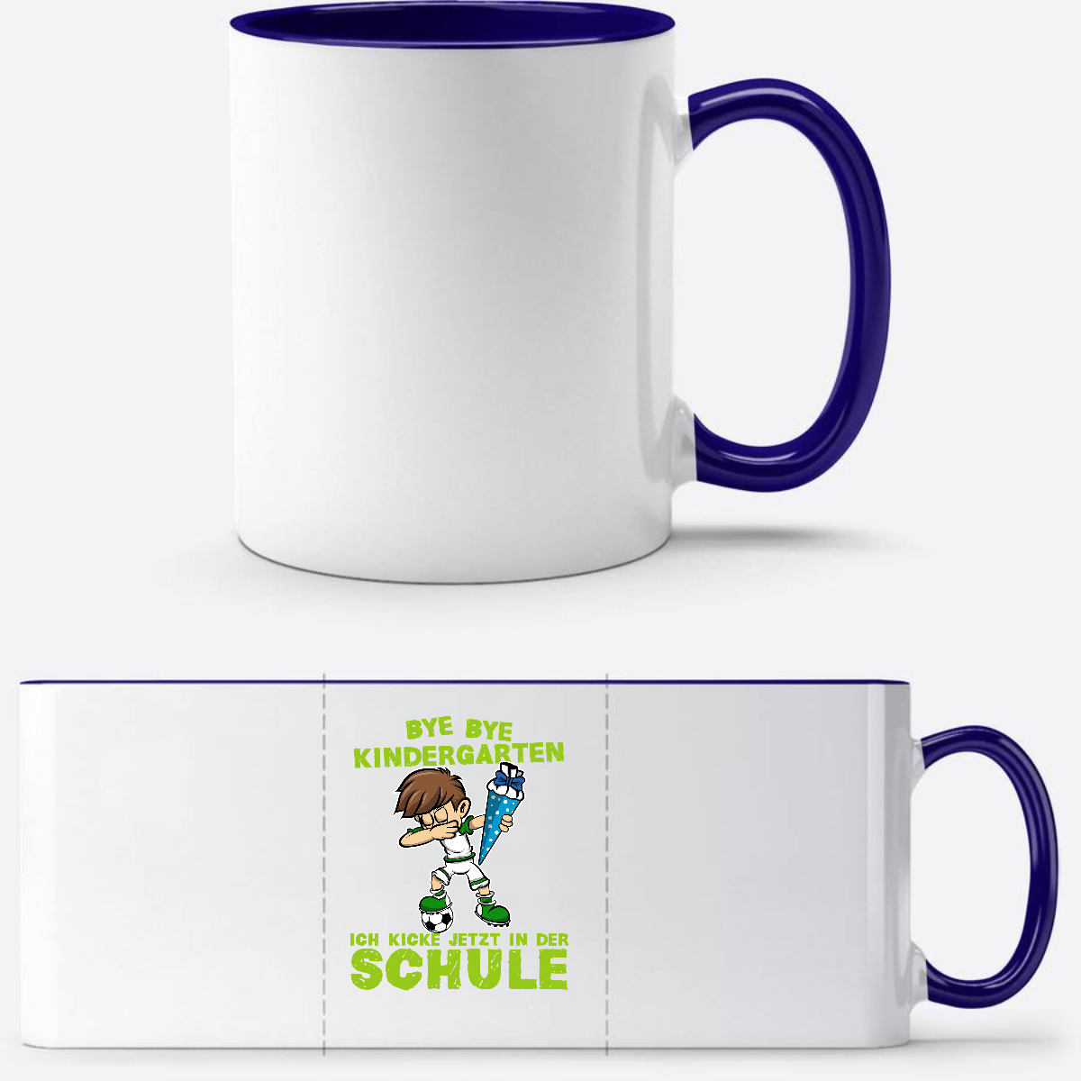 Einschulung Tasse – Bye Bye Kindergarten Dabbing Fußball - Weiß/Dunkelblau