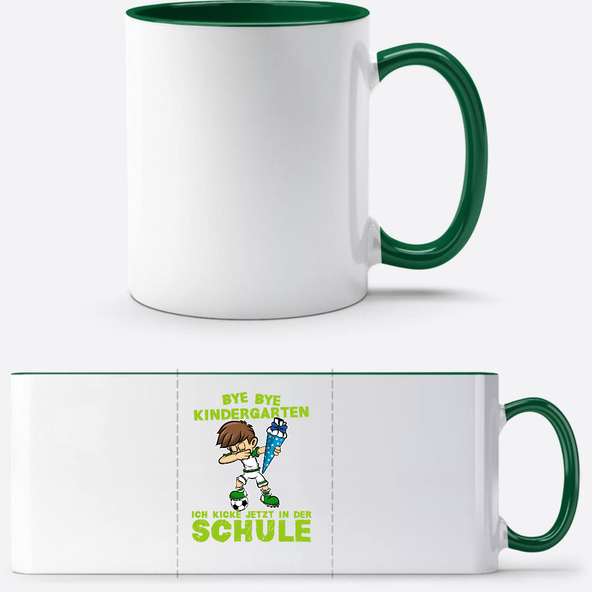Einschulung Tasse – Bye Bye Kindergarten Dabbing Fußball - Weiß/Dunkelgrün