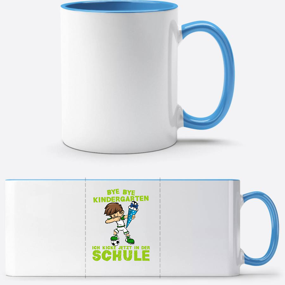 Einschulung Tasse – Bye Bye Kindergarten Dabbing Fußball - Weiß/Hellblau
