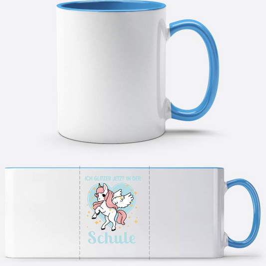 Einschulung Tasse Einhorn – Ich glitzer jetzt in der Schule - Weiß/Hellblau