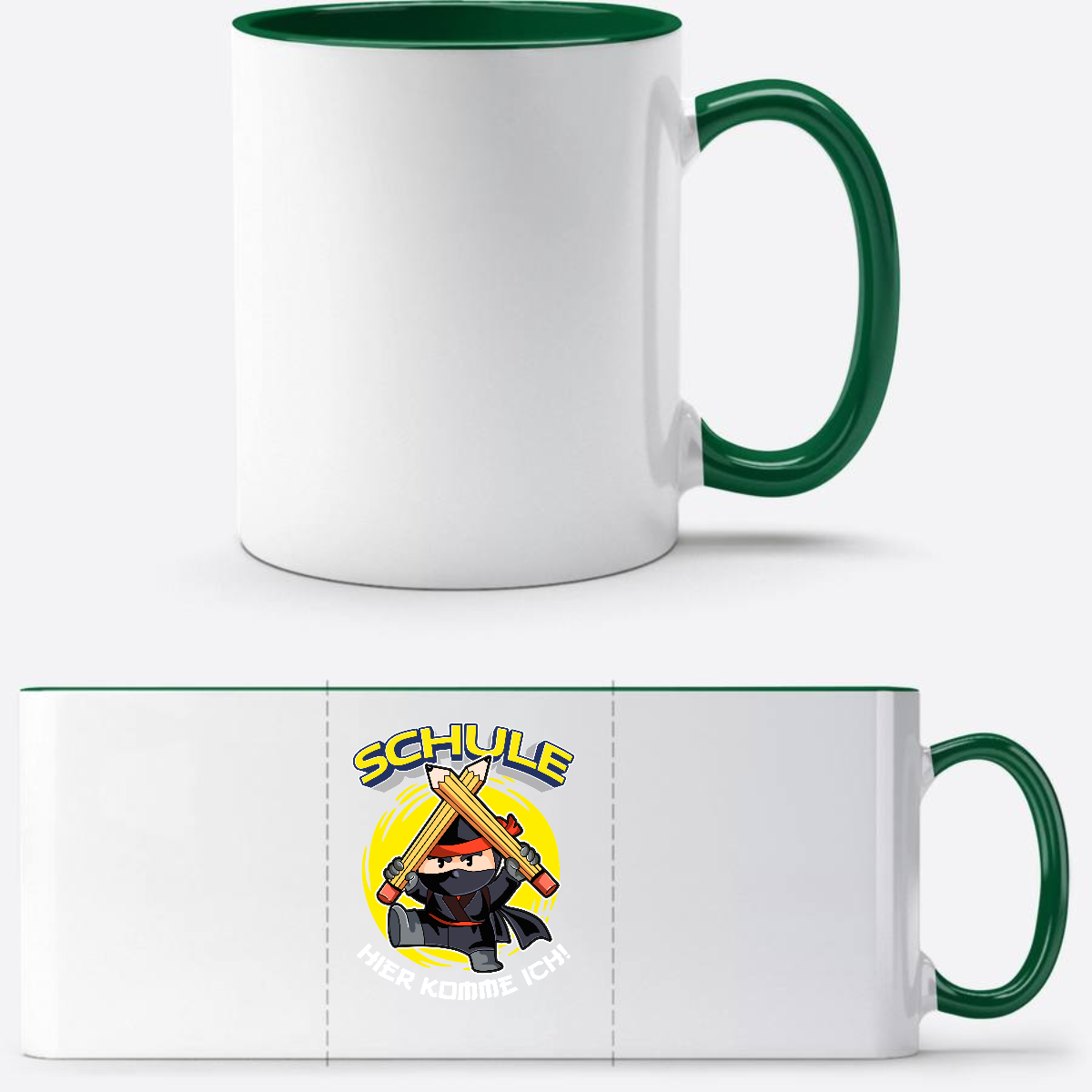Einschulung Tasse Ninja – Schule hier komme ich! - Weiß/Dunkelgrün