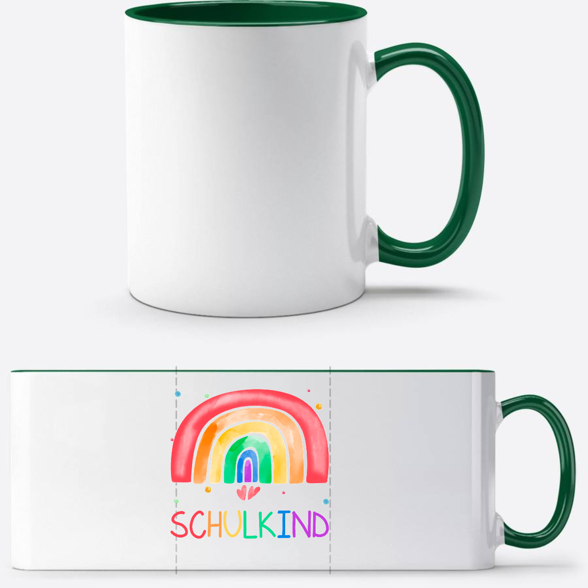 Einschulung Tasse Regenbogen Schulkind – Personalisiert mit Name - Weiß/Dunkelgrün