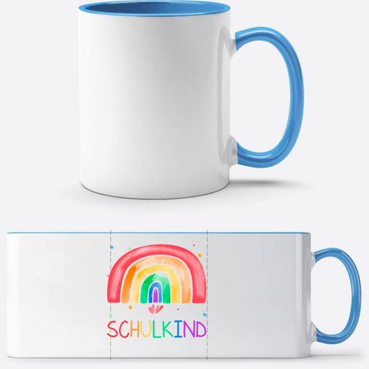 Einschulung Tasse Regenbogen Schulkind – Personalisiert mit Name - Weiß/Hellblau