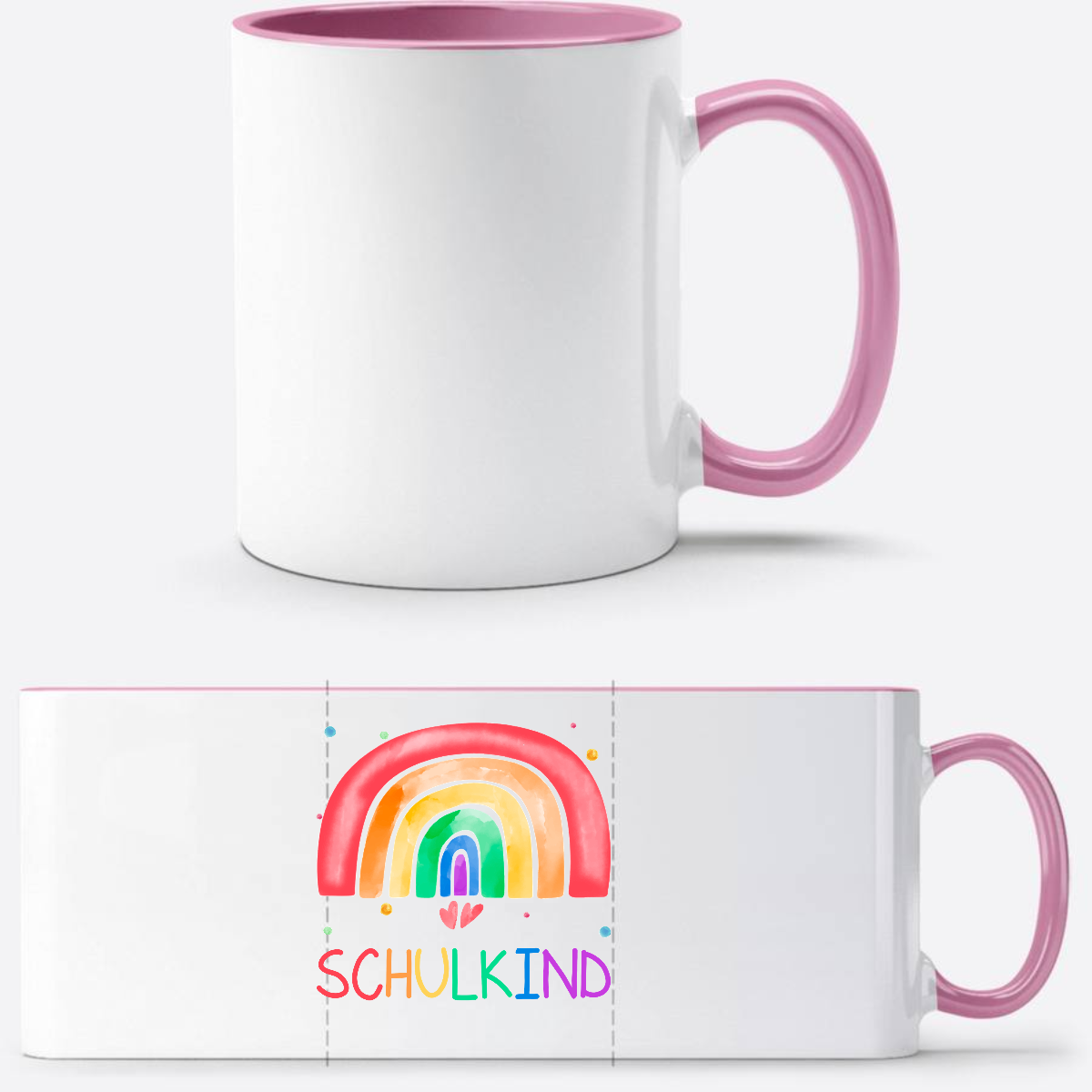 Einschulung Tasse Regenbogen Schulkind – Personalisiert mit Name - Weiss/Rosa
