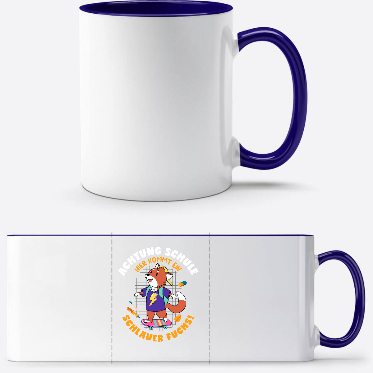 Einschulung Tasse Schlauer Fuchs mit Wunschnamen - Weiß/Dunkelblau
