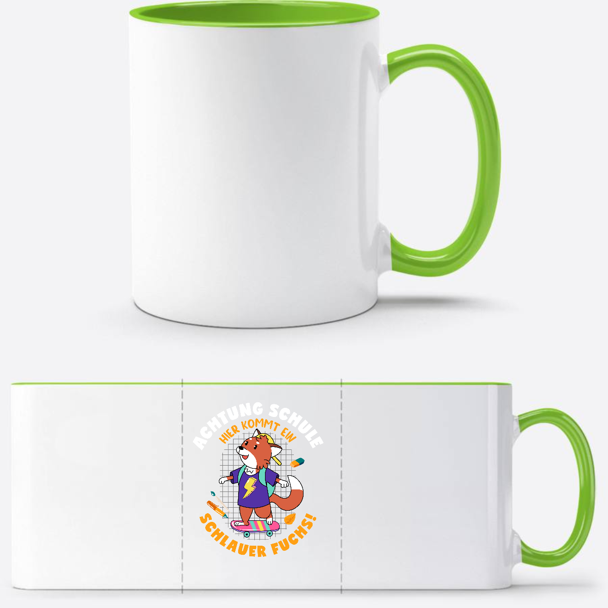 Einschulung Tasse Schlauer Fuchs mit Wunschnamen - Weiß/Grün
