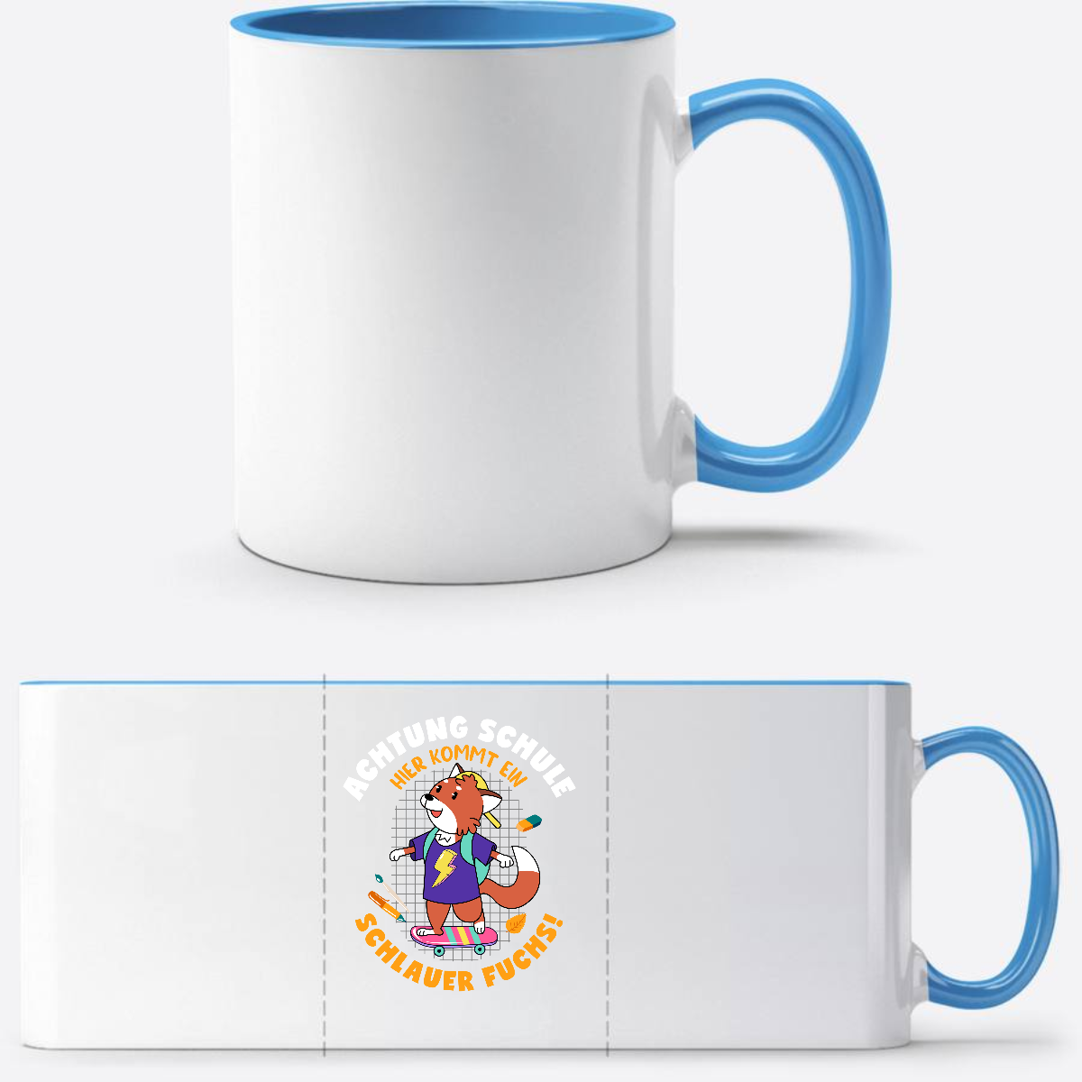 Einschulung Tasse Schlauer Fuchs mit Wunschnamen - Weiß/Hellblau