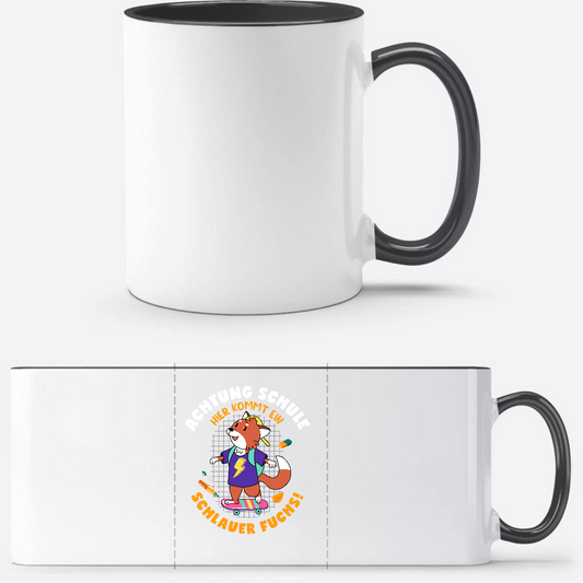 Einschulung Tasse Schlauer Fuchs mit Wunschnamen - Weiß/Schwarz