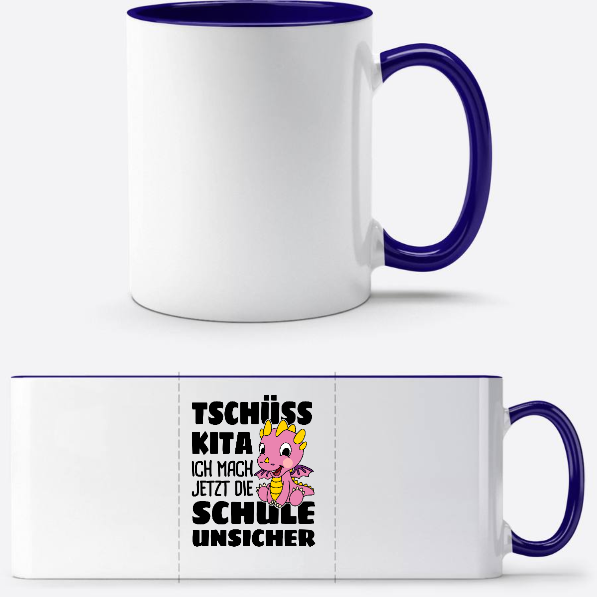 Einschulung Tasse: Tschüss Kita! – Rosa Drache mit Name - Weiß/Dunkelblau