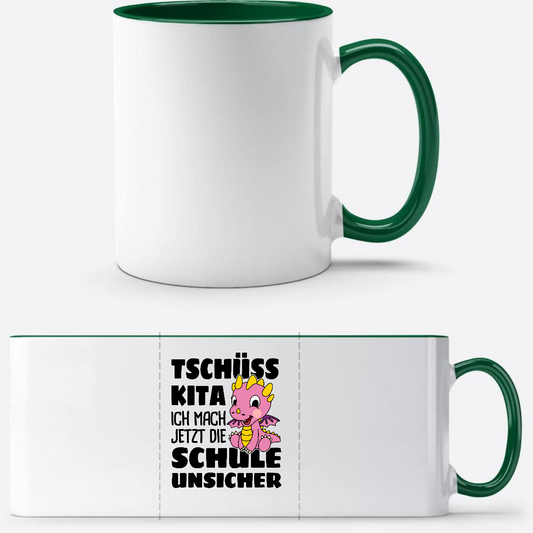 Einschulung Tasse: Tschüss Kita! – Rosa Drache mit Name - Weiß/Dunkelgrün